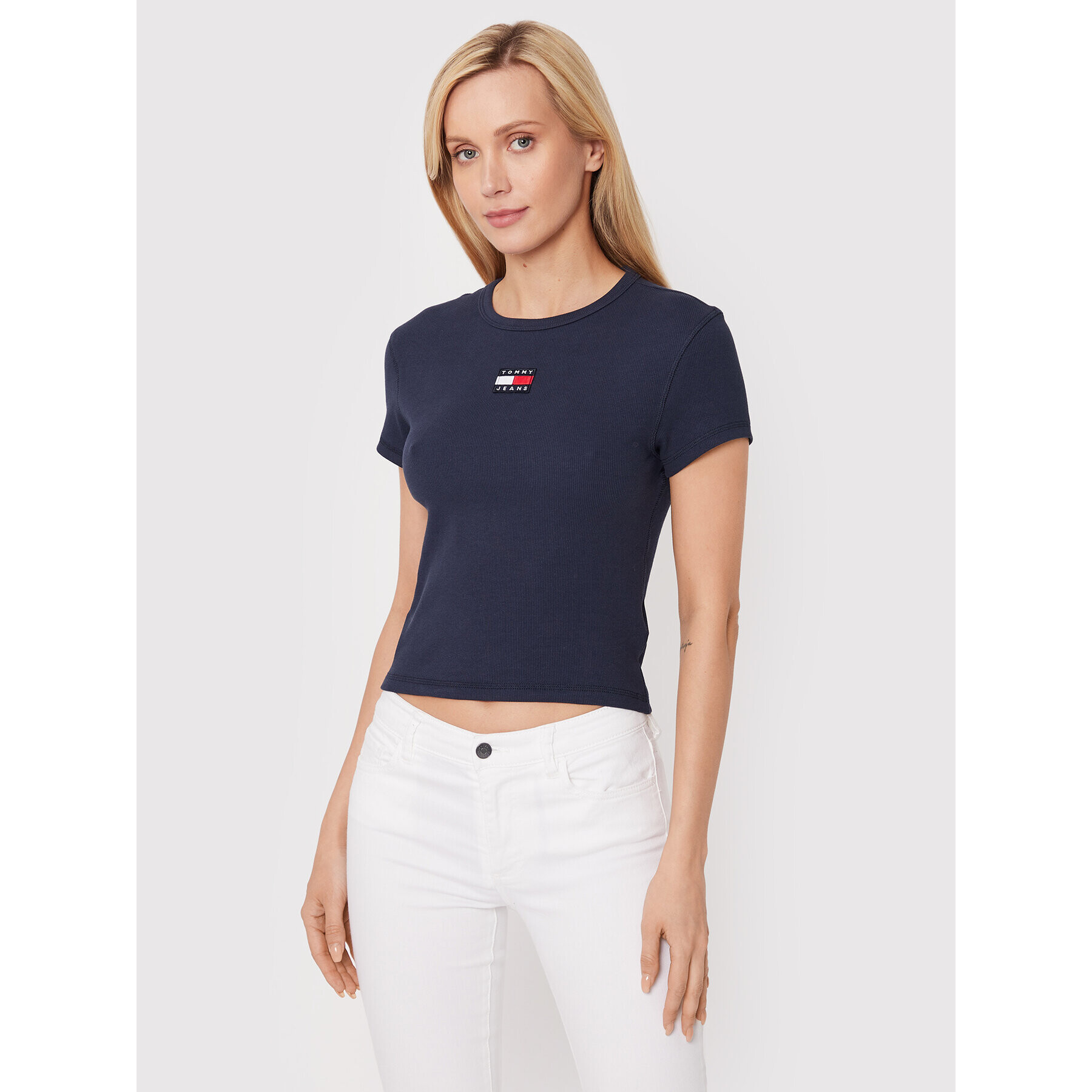 Tommy Jeans Póló Baby Crop Rib Center Badge DW0DW12604 Sötétkék Cropped Fit - Pepit.hu