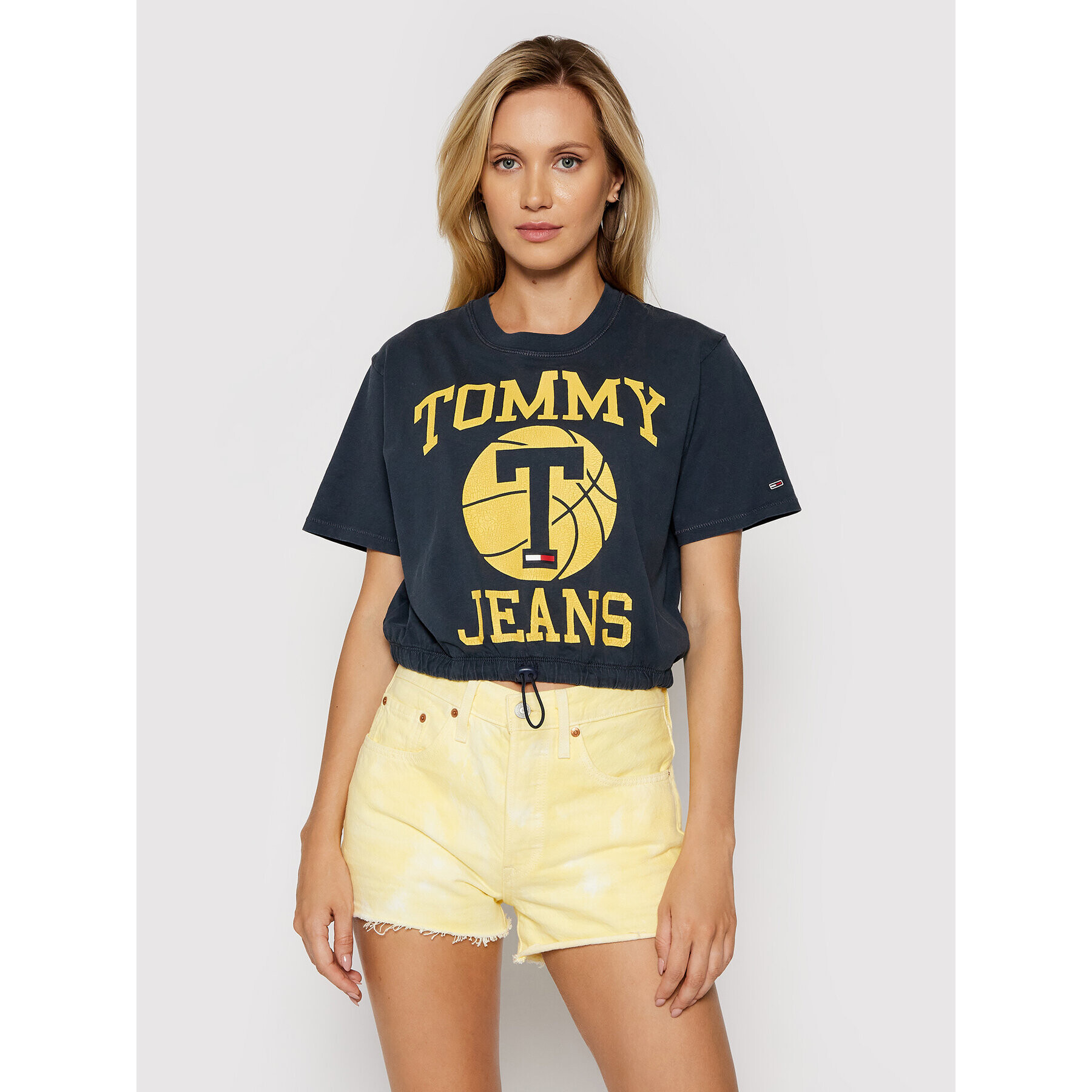 Tommy Jeans Póló Bxy Crop Cracked Logo DW0DW09817 Sötétkék Cropped Fit - Pepit.hu