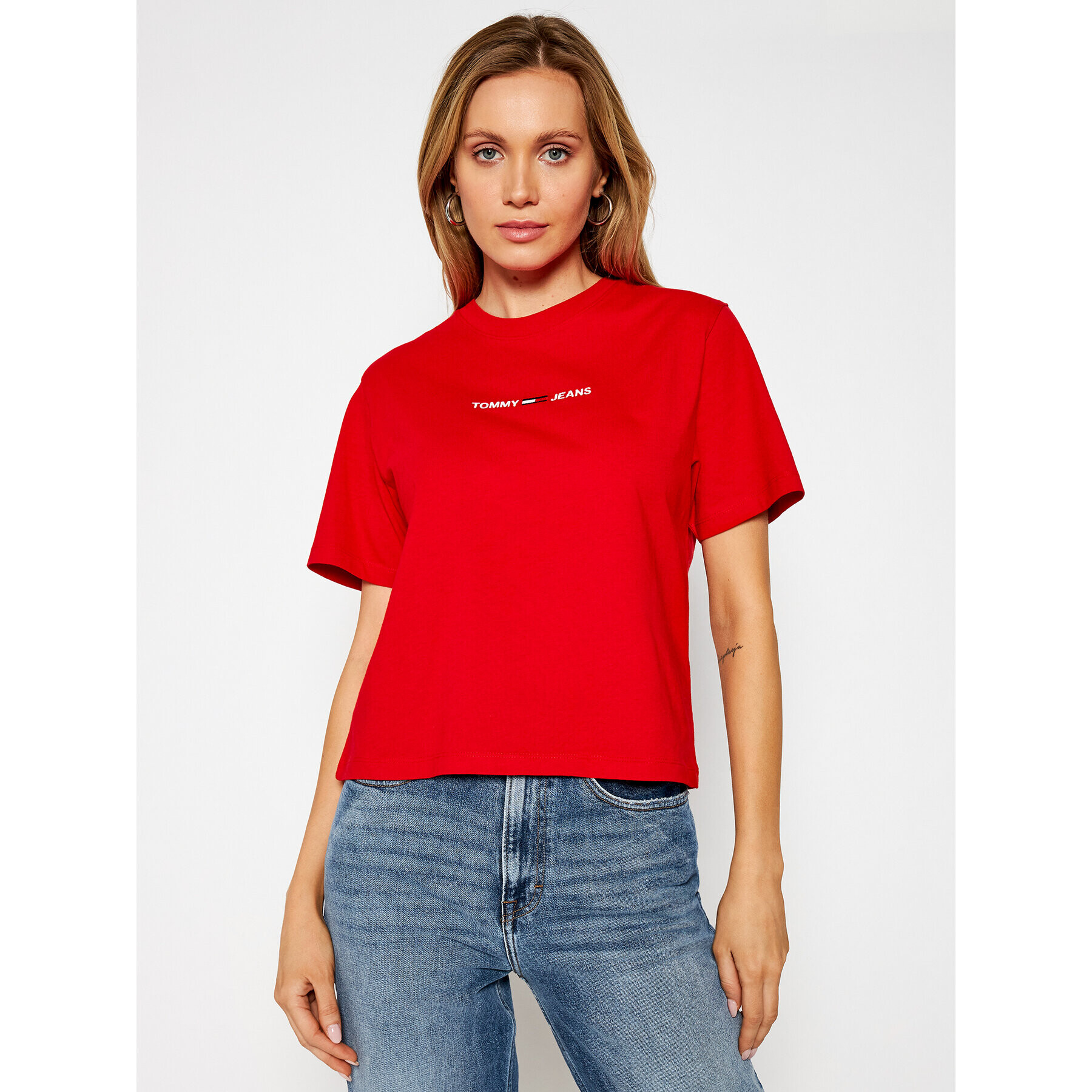 Tommy Jeans Póló Tjw Linear Logo Tee DW0DW10057 Piros Cropped Fit - Pepit.hu