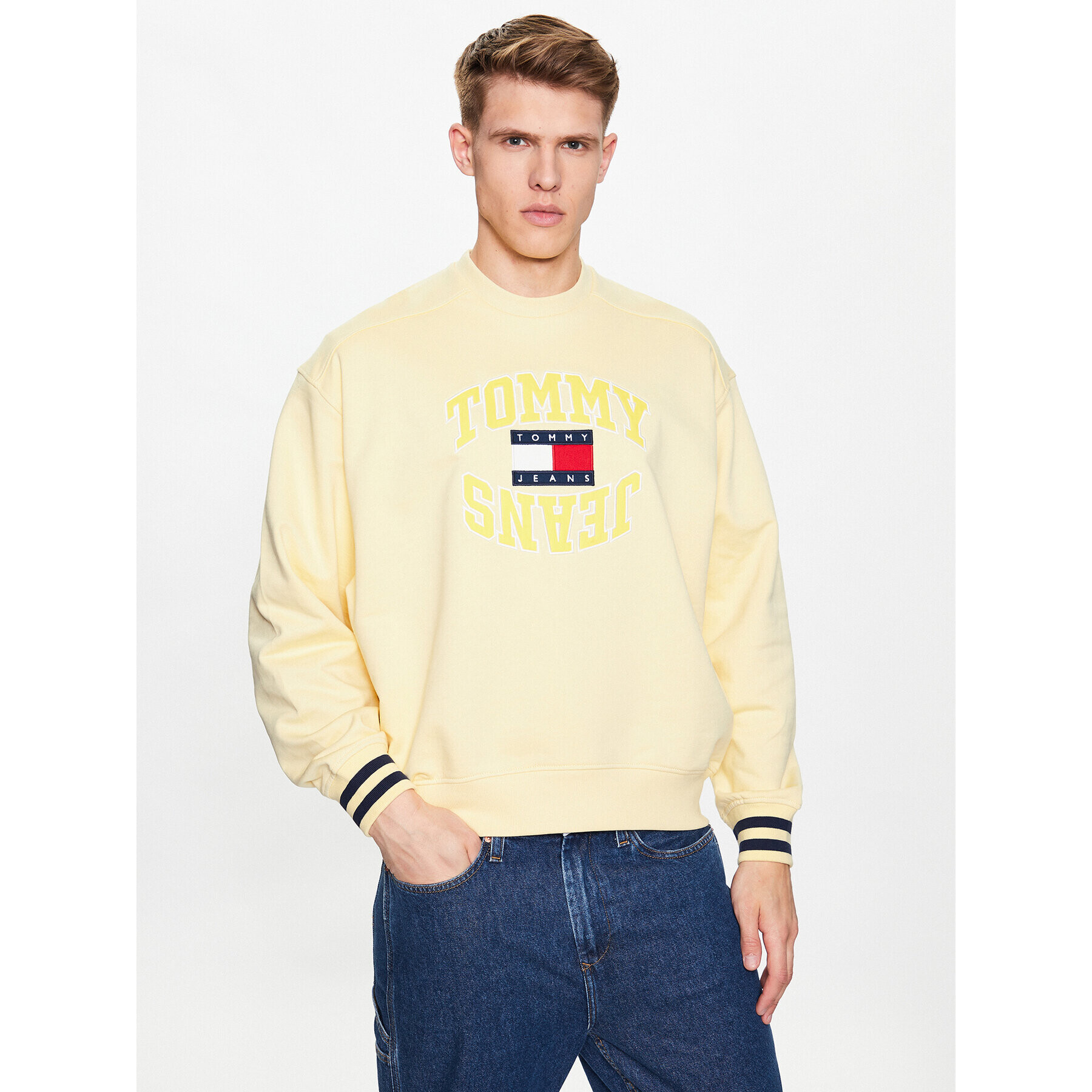 Tommy Jeans Pulóver Boxy Arched Logo DM0DM16375 Sárga Boxy Fit - Pepit.hu