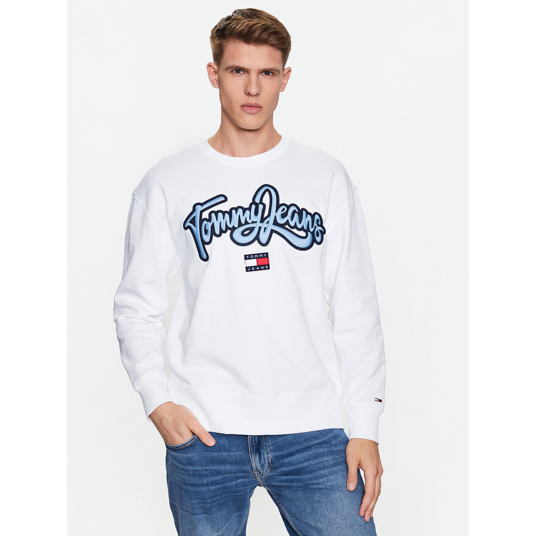 Tommy Jeans Pulóver College Pop DM0DM16383 Fehér Relaxed Fit - Pepit.hu