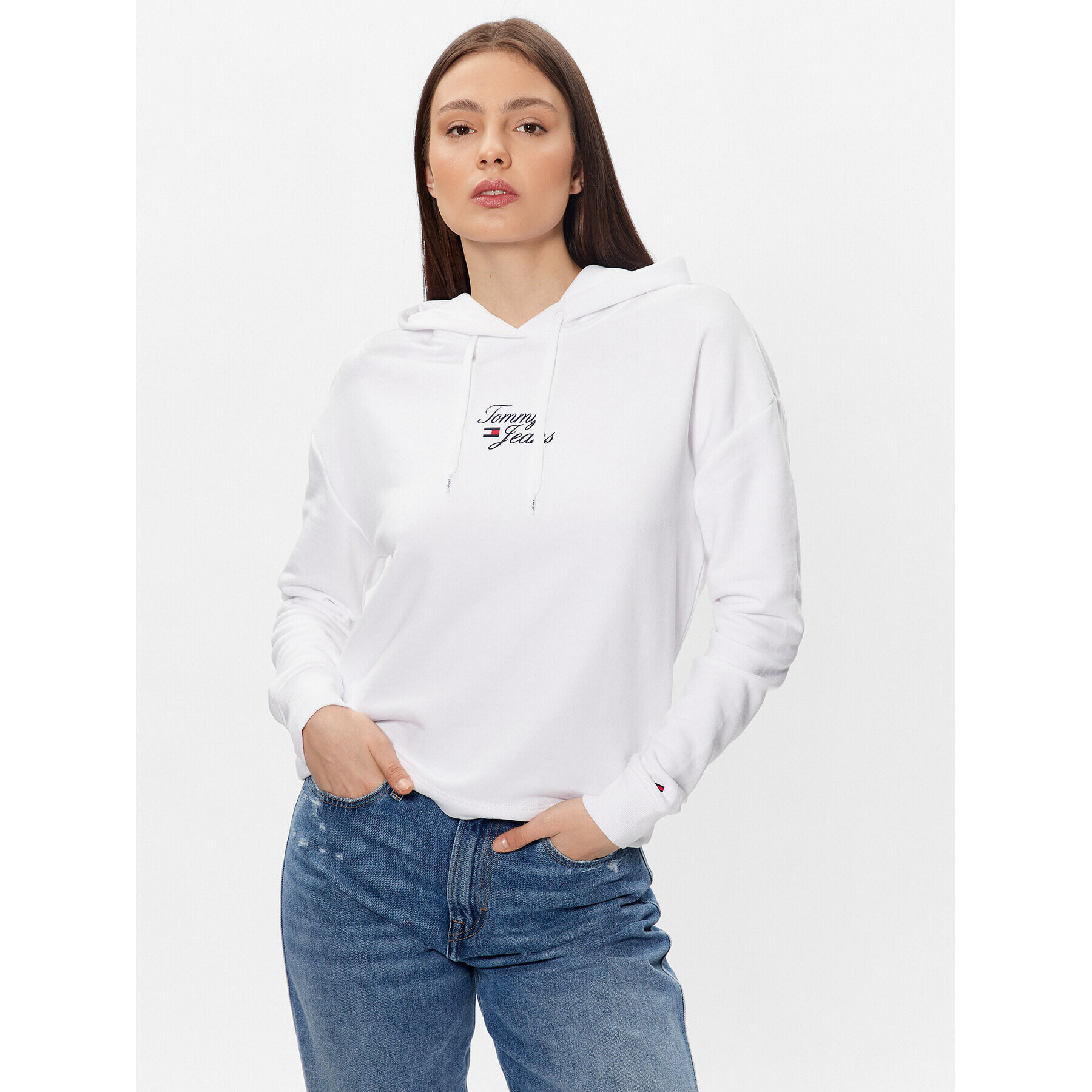 Tommy Jeans Pulóver Essential Logo DW0DW15410 Fehér Boxy Fit - Pepit.hu