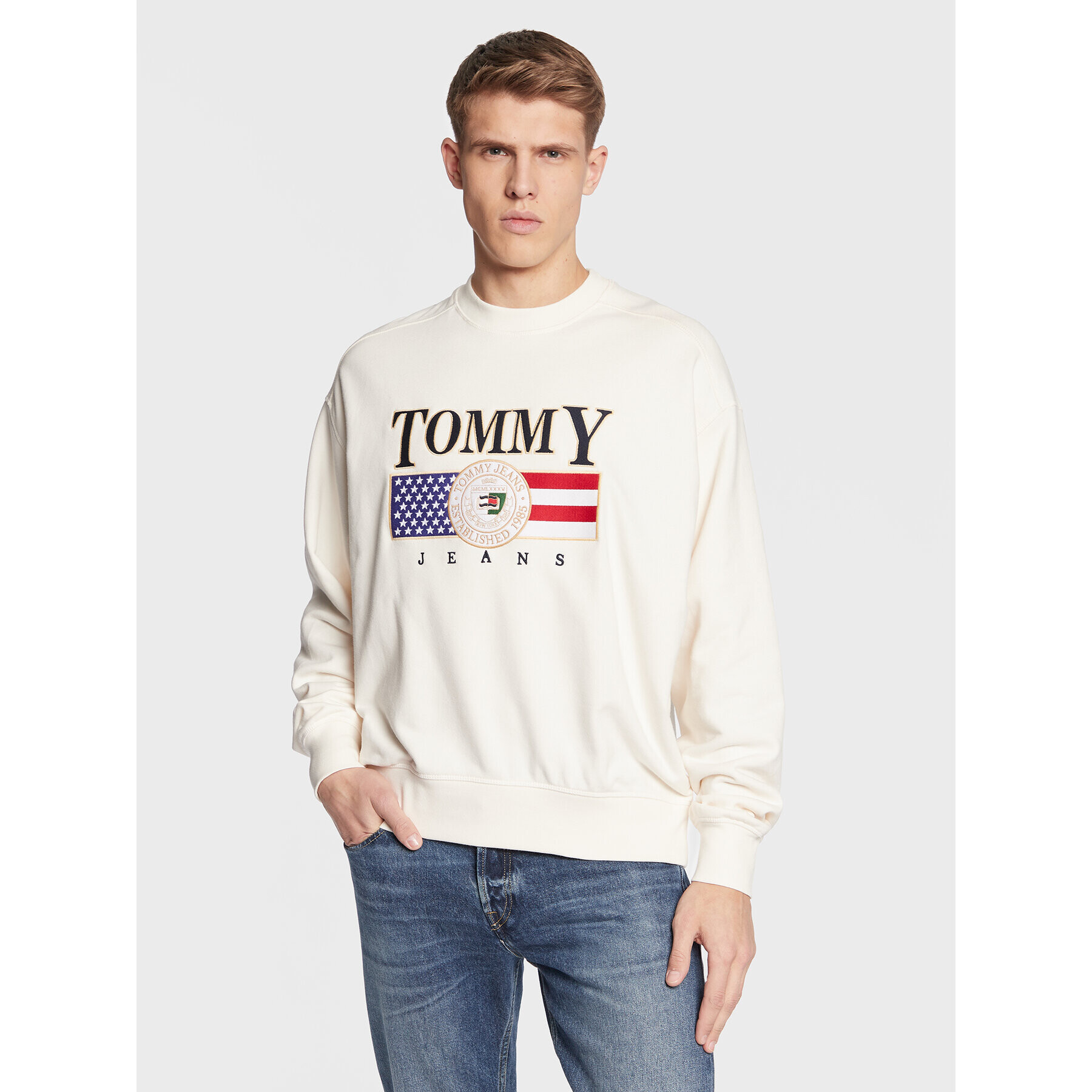 Tommy Jeans Pulóver Luxe DM0DM15717 Ekru Regular Fit - Pepit.hu