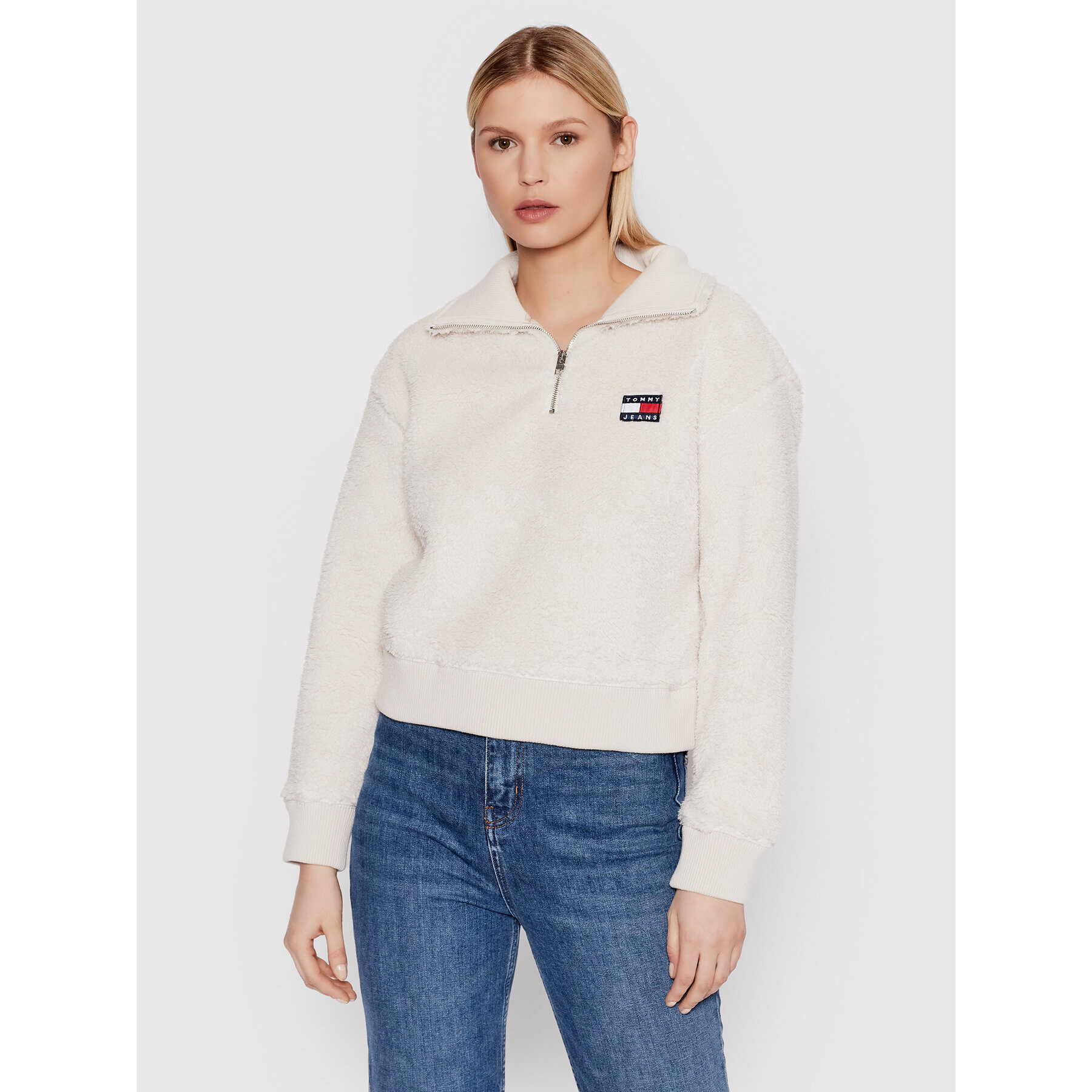 Tommy Jeans Pulóver Plush Badge Quarter Zip DW0DW11816 Bézs Boxy Fit - Pepit.hu