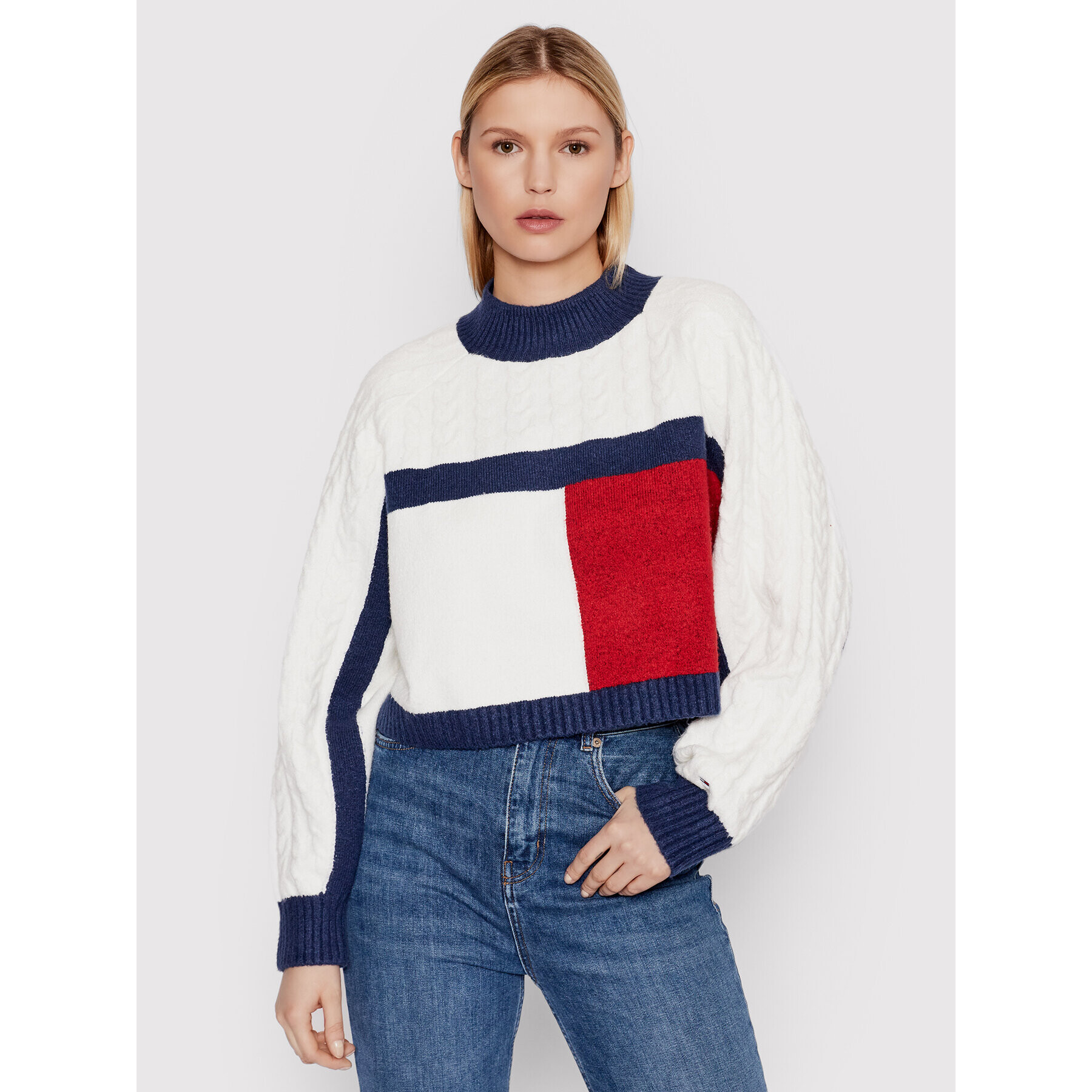 Tommy Jeans Sweater Crop Flag Rwb DW0DW12029 Bézs Boxy Fit - Pepit.hu