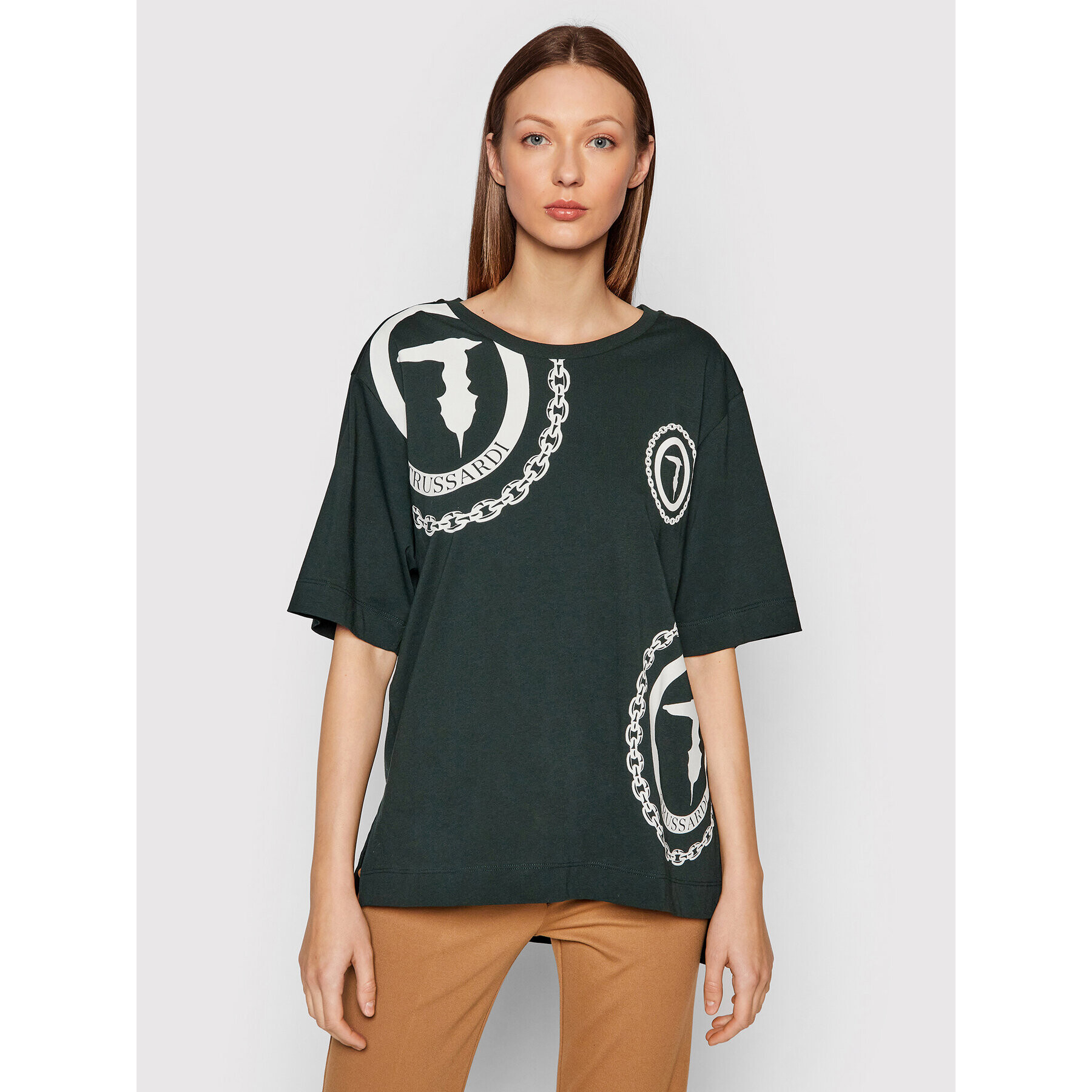 Trussardi Póló Logo Print 56T00413 Zöld Oversize - Pepit.hu