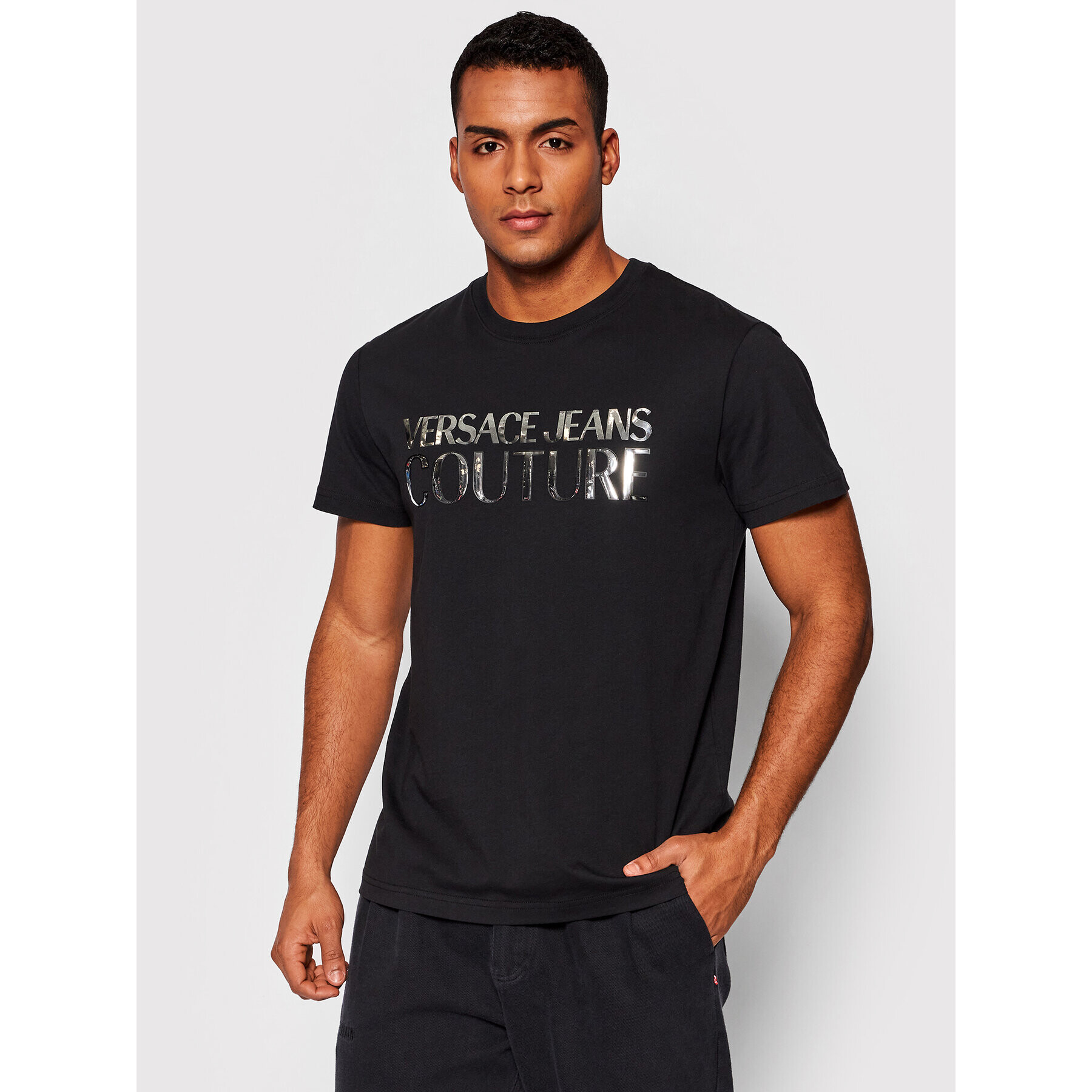 Versace Jeans Couture Póló Logo Mirror 72GAHG01 Fekete Regular Fit - Pepit.hu