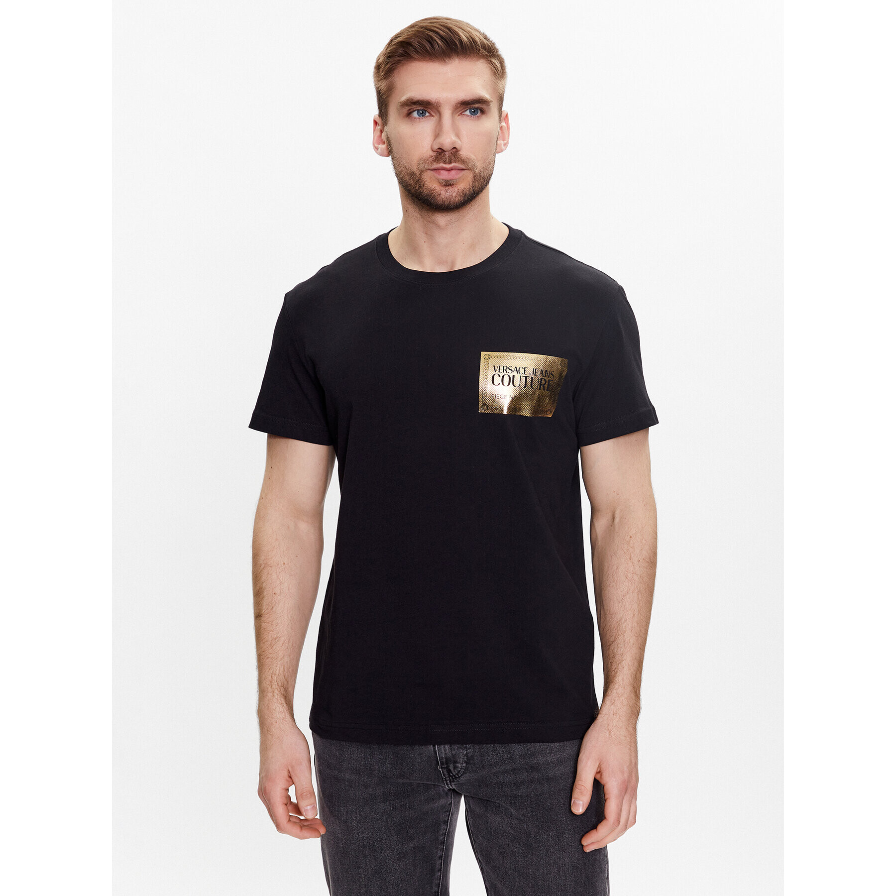 Versace Jeans Couture Póló Piece Text Foil 74GAHG02 Fekete Regular Fit - Pepit.hu