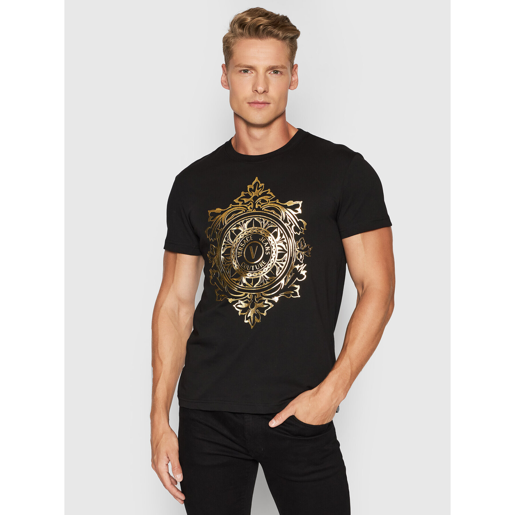 Versace Jeans Couture Póló Vemblem Leaf 71GAHF05 Fekete Regular Fit - Pepit.hu