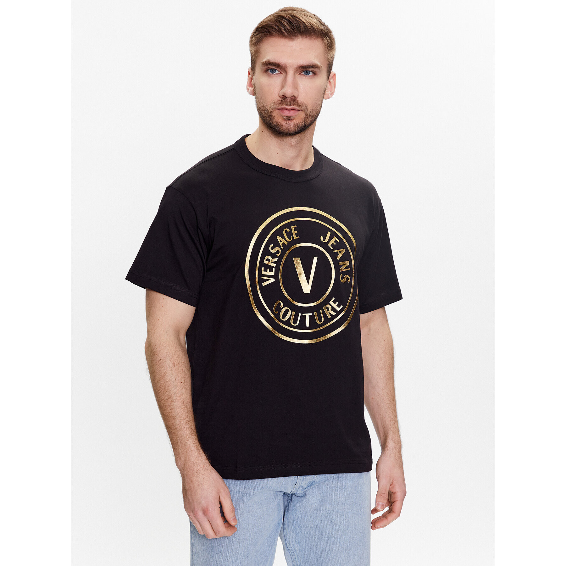 Versace Jeans Couture Póló Vemblem Thick Foil 74GAHT05 Fekete Regular Fit - Pepit.hu